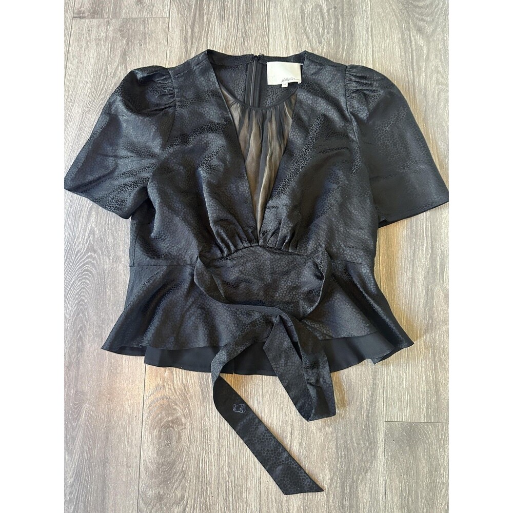 3.1 Phillip Lim Blouse Womens Size 10 Black Jacquard Peplum Tie Waist Top Chic